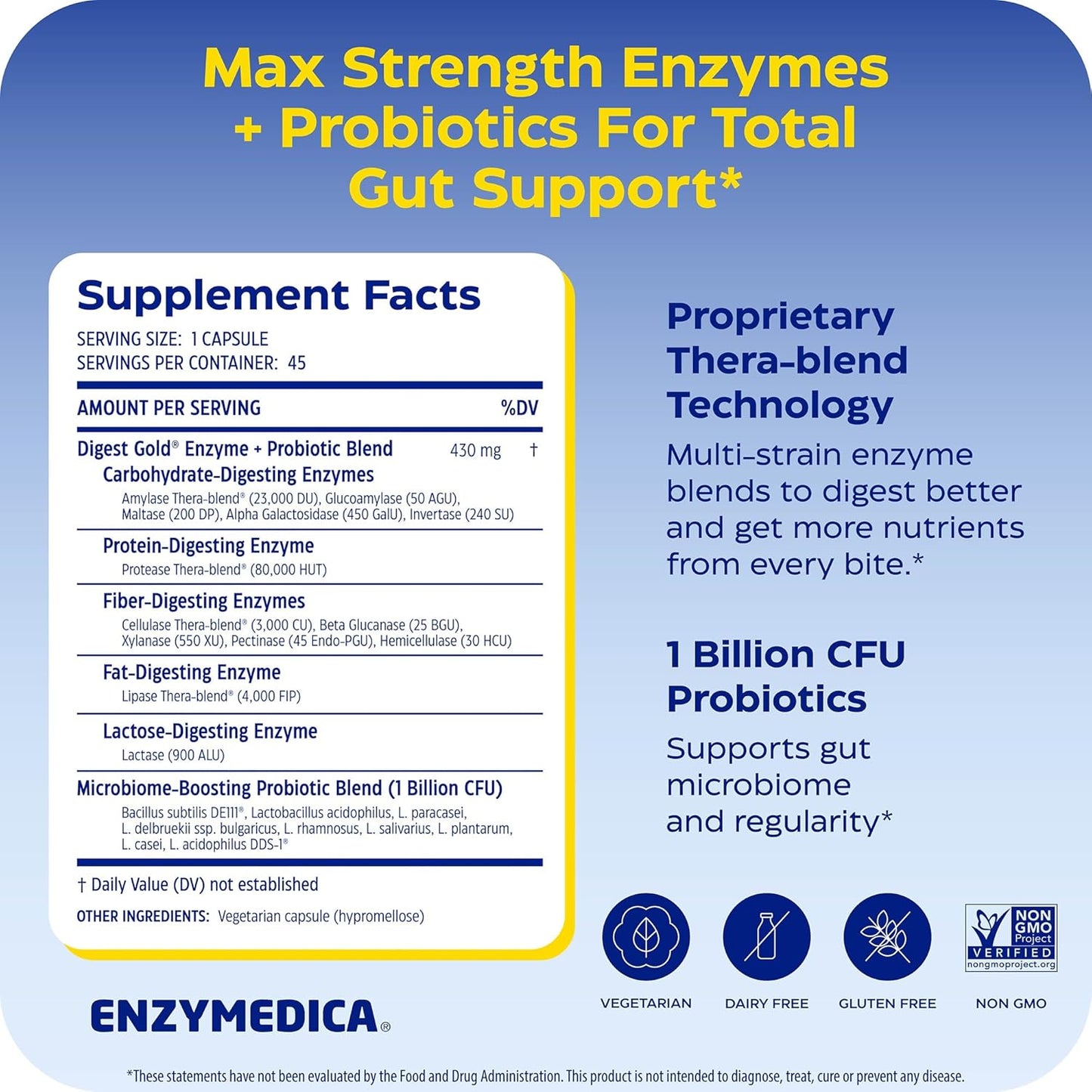 Enzymedica Digest Gold + Probiotics - Digestive Enzyme Supplement for Women & Men, Enzyme and Probiotic Capsules for Digestion, Gut Health Support, Helps Gas & Bloating, Vegetarian - 45 Caps
