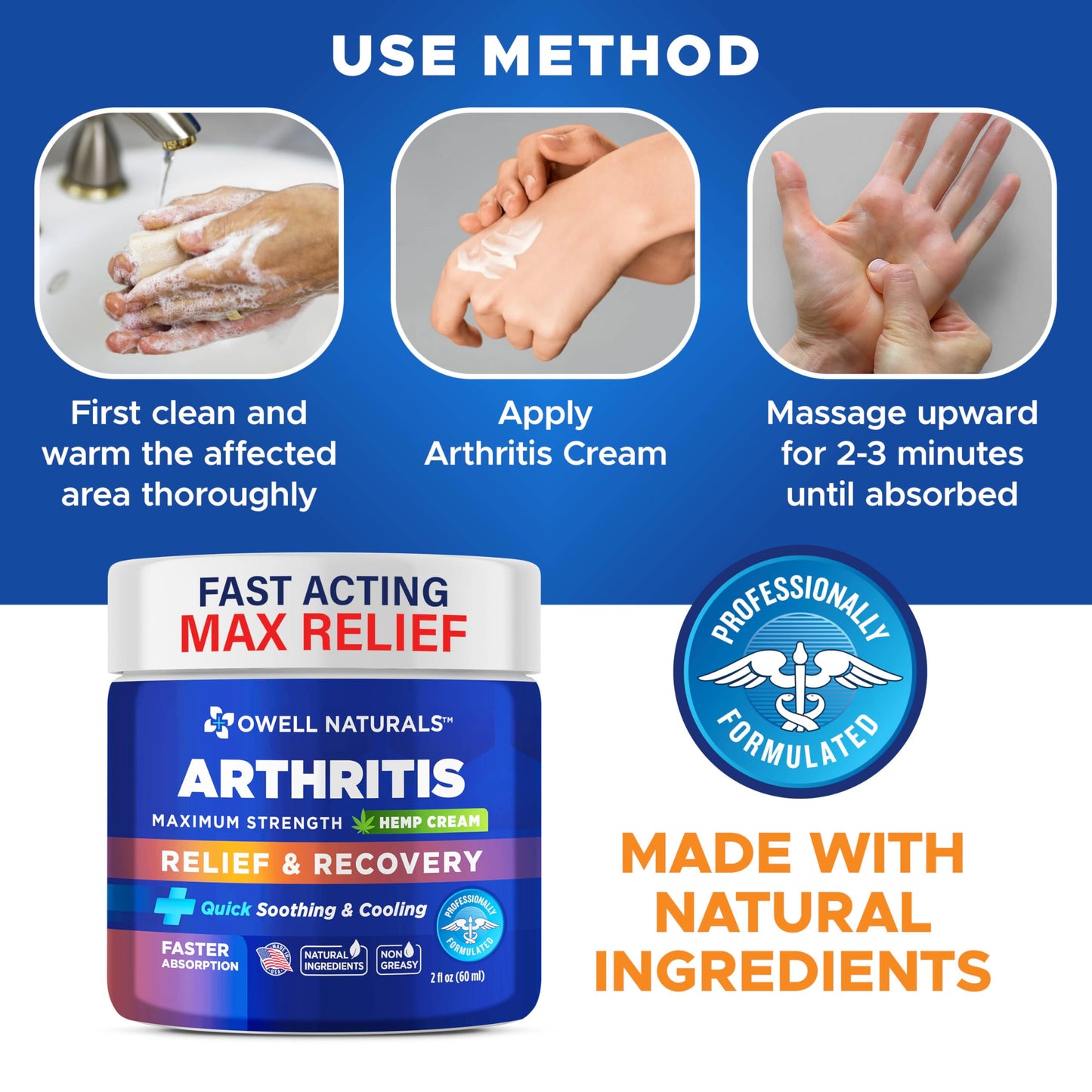 Owell Naturals Joint & Muscle Cream, Deep Penetrating, Maximum Strength Relief & Recovery for Joint & Muscles, Back, Knee, Legs, Hands, 2 Fl Oz