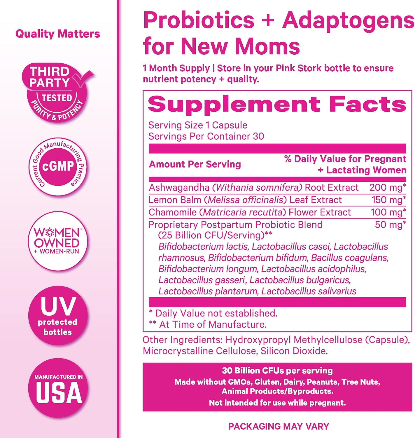 Pink Stork Probiotics for Postnatal Women - 30 Billion CFUS with Ashwagandha and Chamomile, Postpartum Essentials for Hormone Balance, Mood Support, Gut Health, Digestive Wellness, 30 Capsules