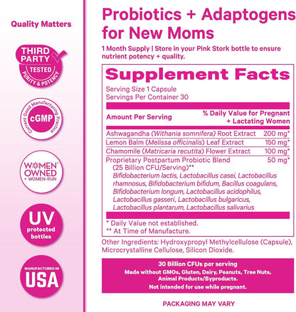 Pink Stork Probiotics for Postnatal Women - 30 Billion CFUS with Ashwagandha and Chamomile, Postpartum Essentials for Hormone Balance, Mood Support, Gut Health, Digestive Wellness, 30 Capsules