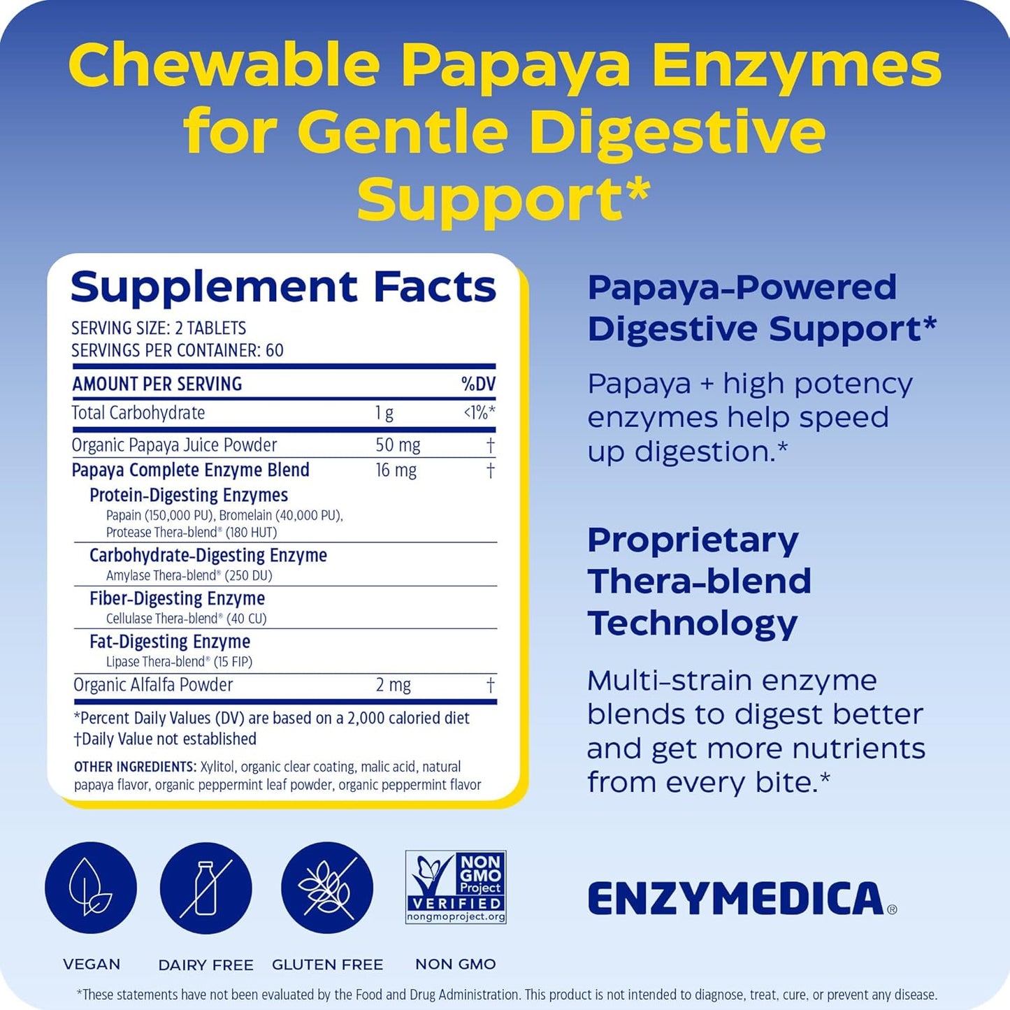 Enzymedica Papaya Complete - Papaya Enzymes Chewable, Digestive Enzyme Supplement for Women and Men, Digestion & Gut Health Support, High Potency Bromelain & Papain, Vegan, Gluten Free - 120 Tablets