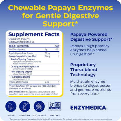 Enzymedica Papaya Complete - Papaya Enzymes Chewable, Digestive Enzyme Supplement for Women and Men, Digestion & Gut Health Support, High Potency Bromelain & Papain, Vegan, Gluten Free - 120 Tablets