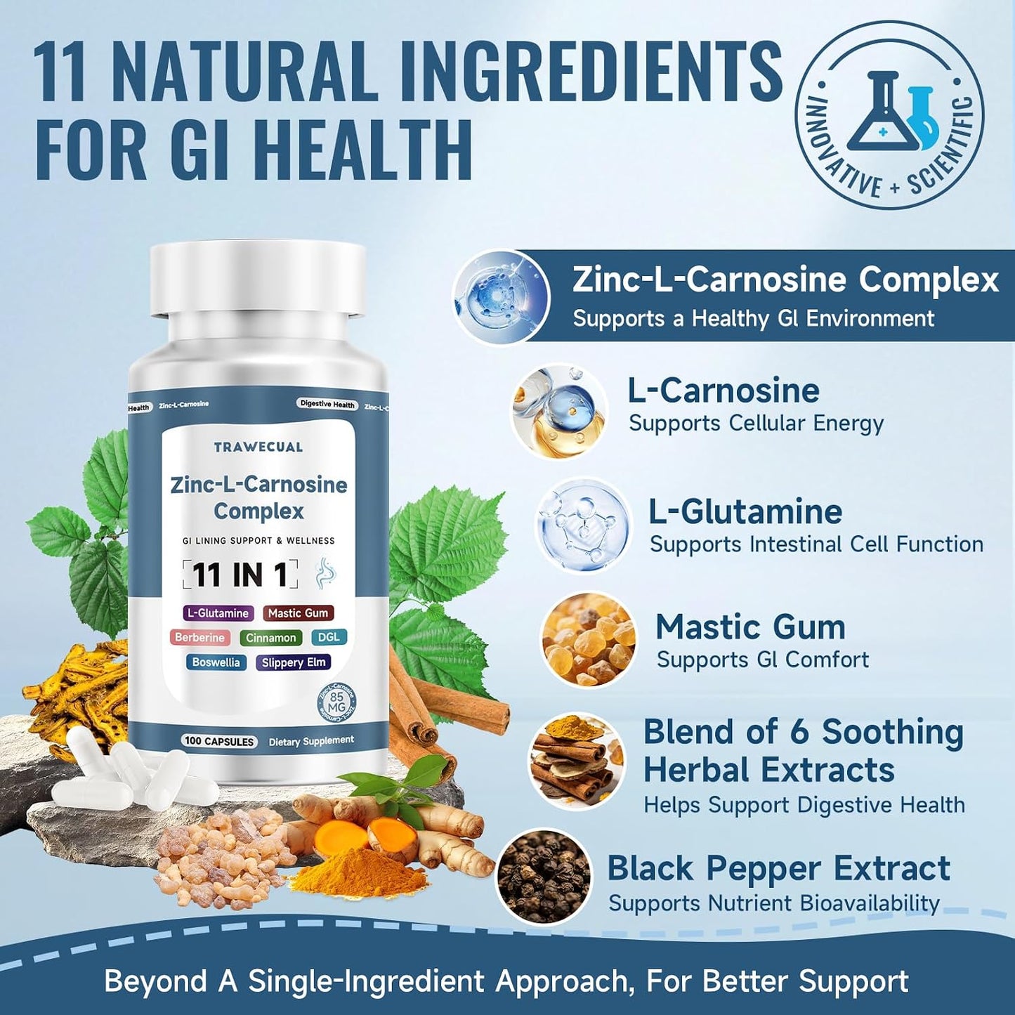 Zinc L Carnosine Complex 85mg, 11-in-1 Digestive & Gut Health Support | Soothing Herbal Extract Blend, L-Glutamine & Mastic Gum, 100 Capsules, Non-GMO, Vegan Supplement