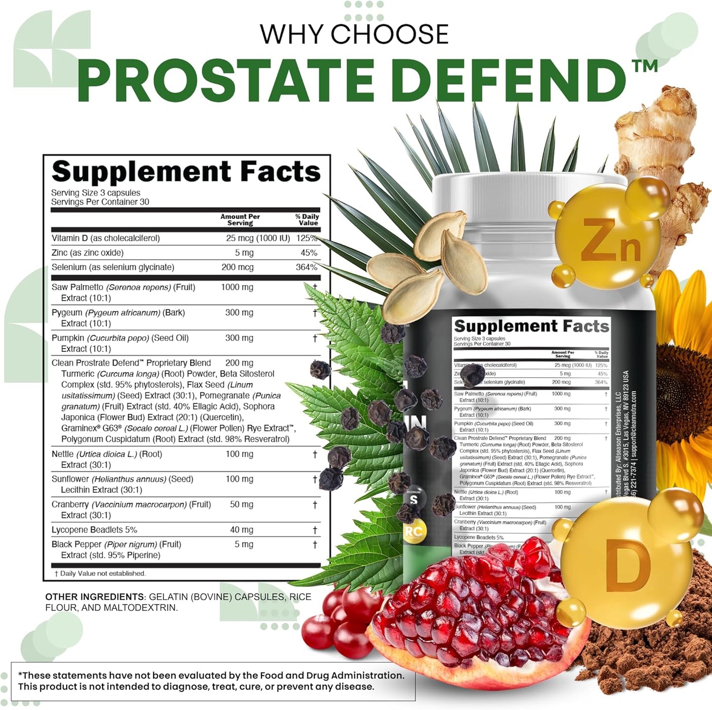 Clean Nutraceuticals Saw Palmetto Pumpkin Seed Oil Pygeum Sunflower Lecithin Stinging Nettle Cranberry - Prostate Supplements for Men with Lycopene - 90 Caps