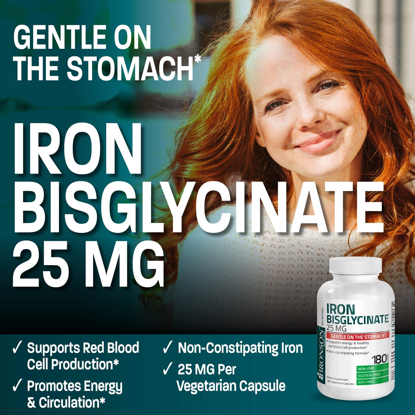 Bronson Iron Bisglycinate 25 mg, 90 Vegetarian Capsules | Gentle on the Stomach, Non-Constipating, Supports Energy & Red Blood Cell Production, Non-GMO, Gluten-Free & Soy-Free
