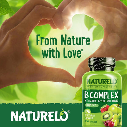 NATURELO Vitamin B Complex,120 Capsules, Vegan, CoQ10, Methyl Folate, Biotin, Fruit & Veg Blend, Supports Energy and Healthy Stress Response, Super B Complex Vitamins for Women and Men