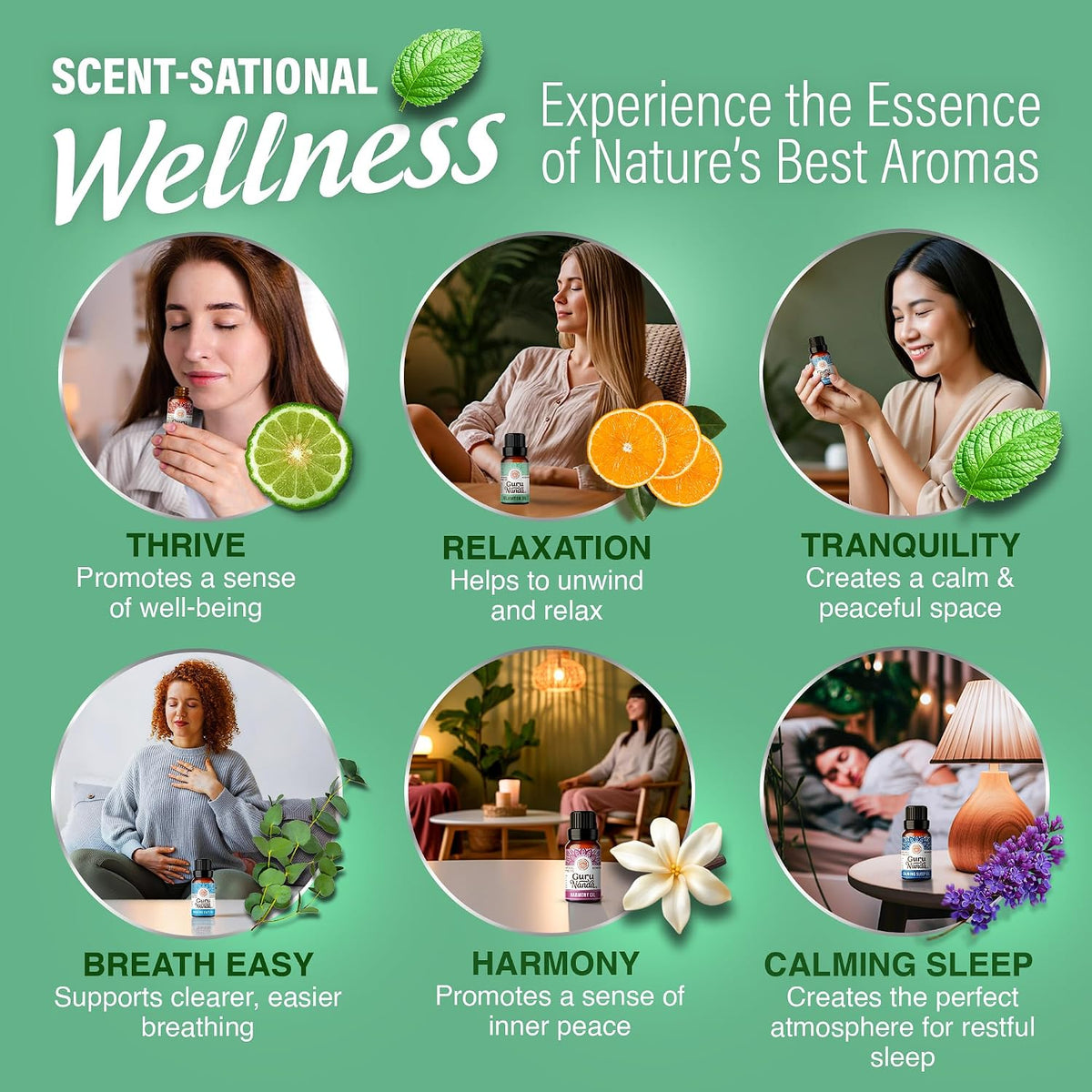 GuruNanda Essential Oil Blends – 6 Pack (10mL Each), Breathe Easy, Tranquility, Relaxation, Harmony, Calming Sleep & Thrive, Natural Aromatherapy Oils for Diffuser, Wellness & DIY