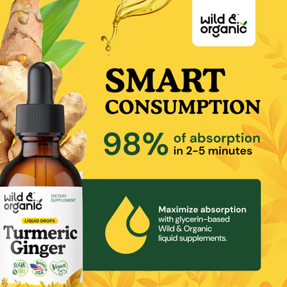 Wild & Organic Turmeric and Ginger Supplement - Movement & Immune Support - Liquid Turmeric Curcumin with Black Pepper and Ginger - Add to Tea Drops - Vegan, Sugar & Alcohol-Free Tincture - 4 oz