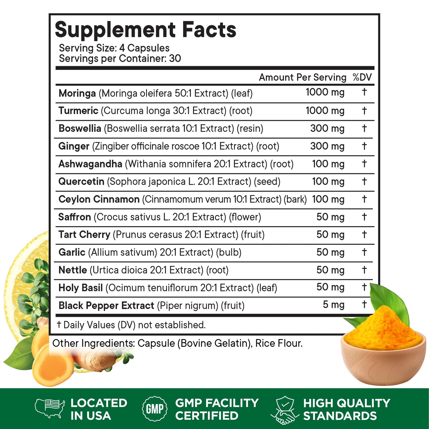 Moringa Supplement | Turmeric, Ginger, Boswellia, Saffron, Holy Basil, Nettle -Support Supplement for Women and Men with Ceylon Cinnamon, Quercetin, Tart Cherry- 240 Capsules