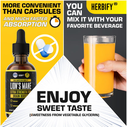 HERBIFY Lions Mane Supplement - Daily Mushroom Supplement for Memory, Focus & Clarity - Brain Booster - Lions Mane Tincture for Immune Support - 4 Fl oz