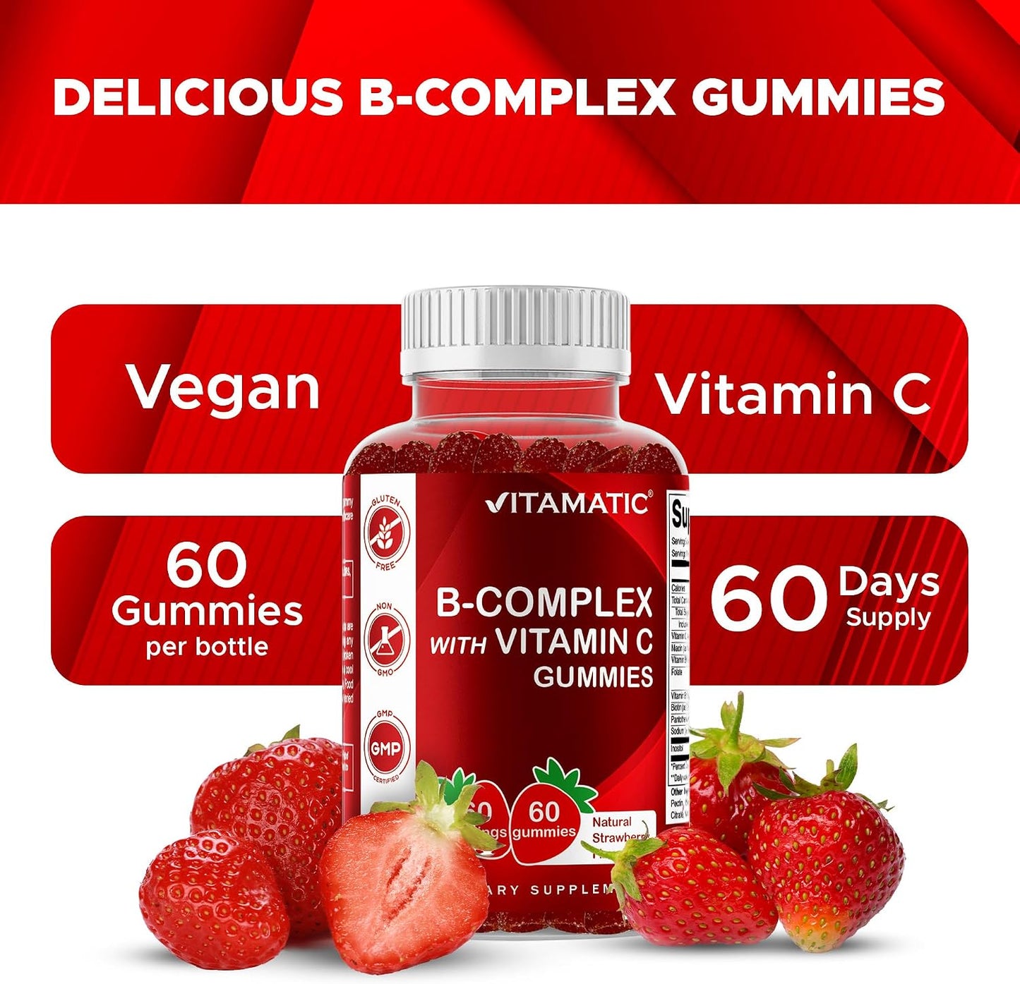 Vitamatic Vitamin B Complex Gummies with Vitamin C & Inositol - Natural Strawberry Flavor - 60 Gummies (1 Bottle)