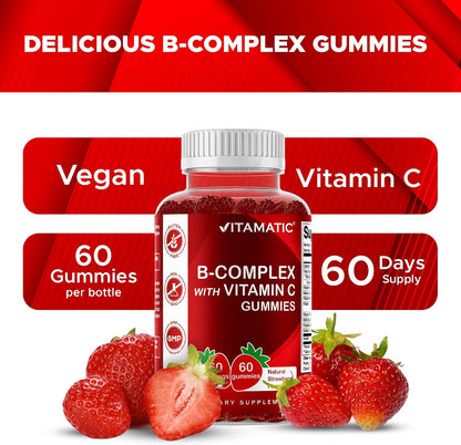 Vitamatic Vitamin B Complex Gummies with Vitamin C & Inositol - Natural Strawberry Flavor - 60 Gummies (1 Bottle)