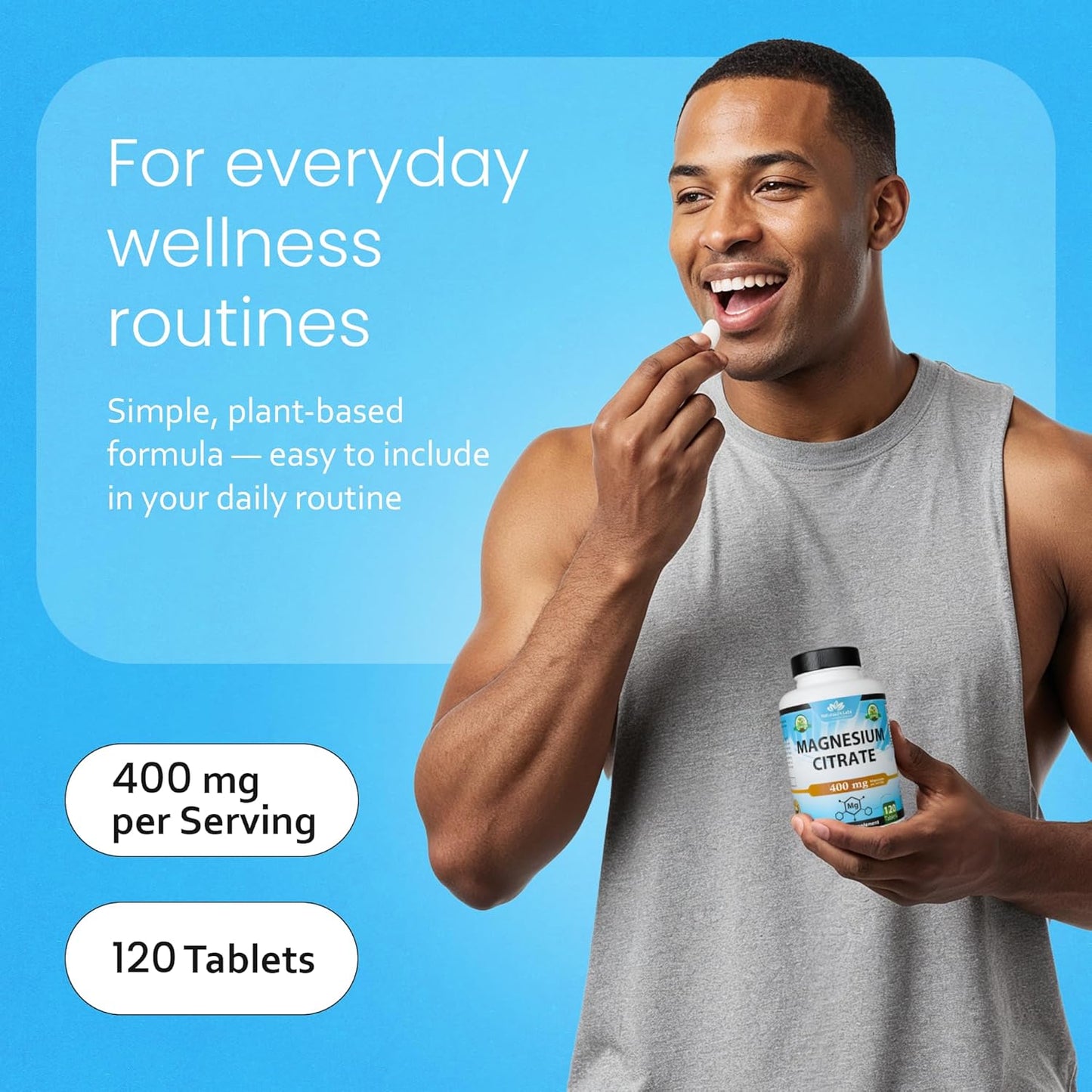 NaturaLife Labs Magnesium Citrate 400 mg per Serving – 120 Tablets, Vegan, Non-GMO