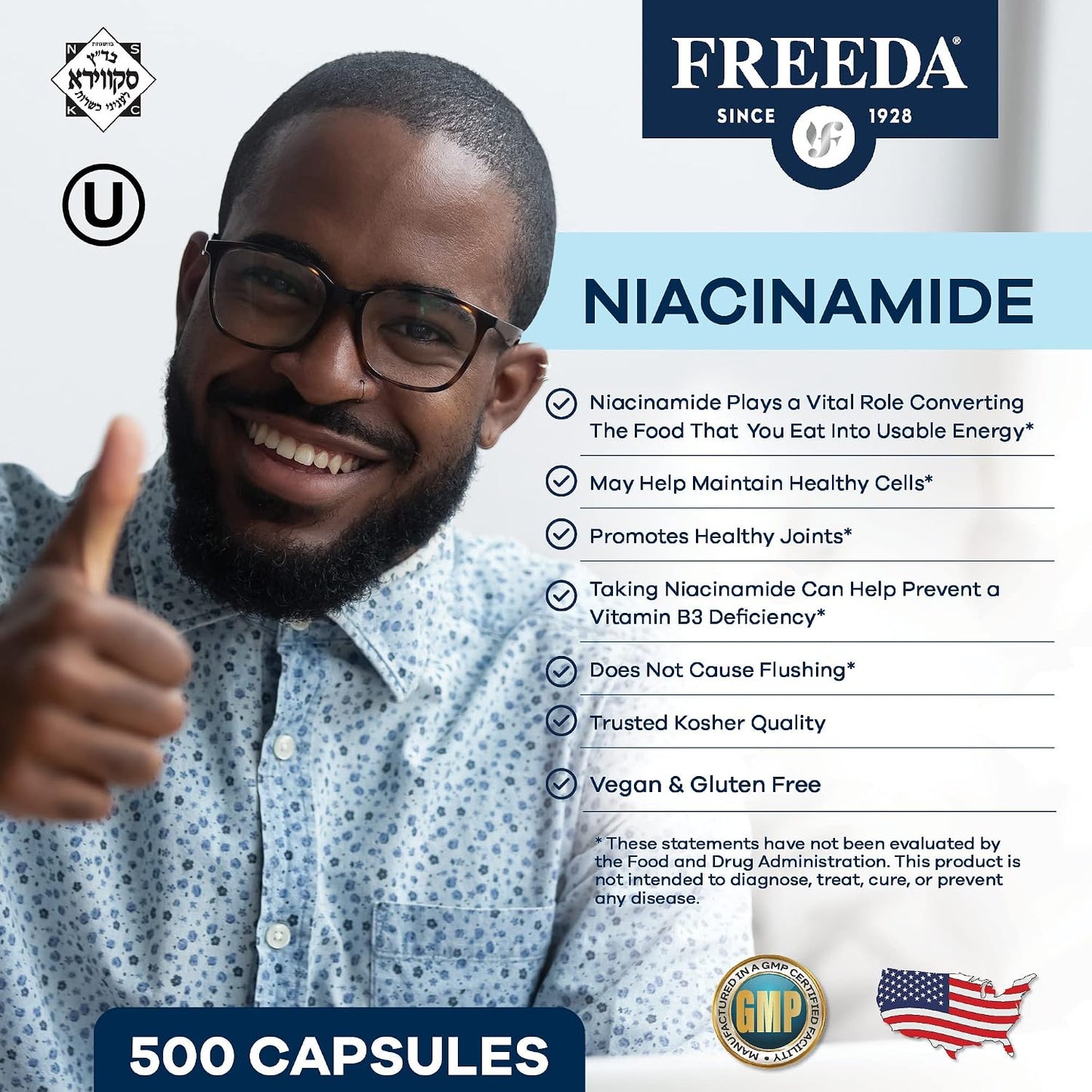 FREEDA 250mg Niacinamide & Vitamin B3 Supplement - 500 Capsules | Vegetarian Niacinamide Supplement with No-Flush Formula - Supporting Skin Health & Energy Metabolism