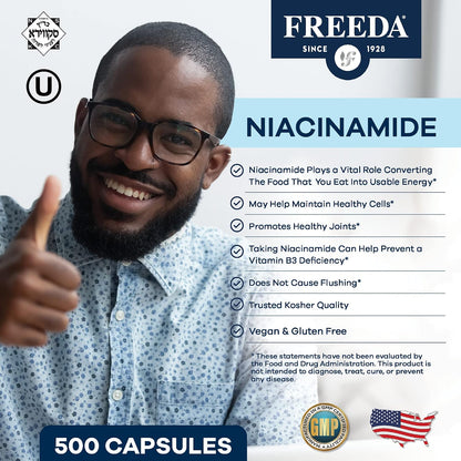 FREEDA 250mg Niacinamide & Vitamin B3 Supplement - 500 Capsules | Vegetarian Niacinamide Supplement with No-Flush Formula - Supporting Skin Health & Energy Metabolism