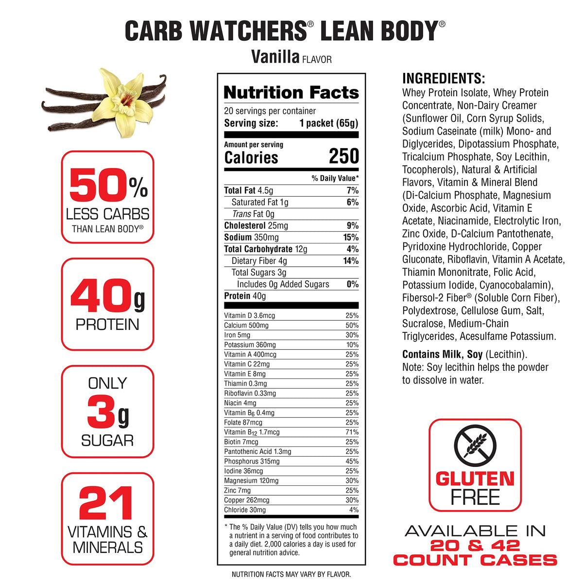 Lean Body Carb Watchers, All-In-One Vanilla Meal Replacement Shake. 40g Protein Whey