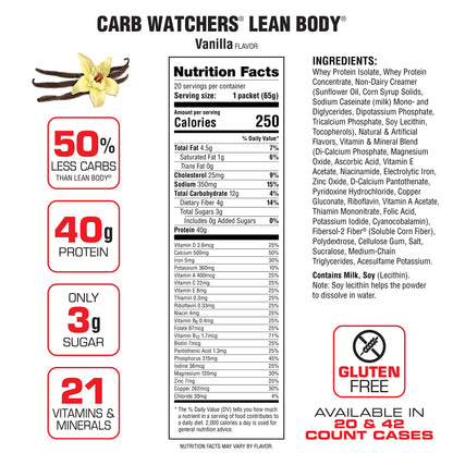Lean Body Carb Watchers, All-In-One Vanilla Meal Replacement Shake. 40g Protein Whey