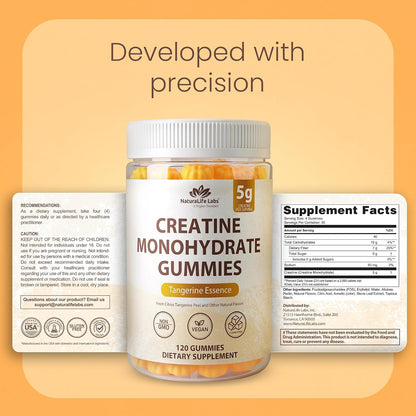 NaturaLife Labs Creatine Monohydrate Gummies - 5g per Serving - Tangerine Flavor - 120 Gummies - Gluten-Free, Non-GMO, Vegan, Sugar Free