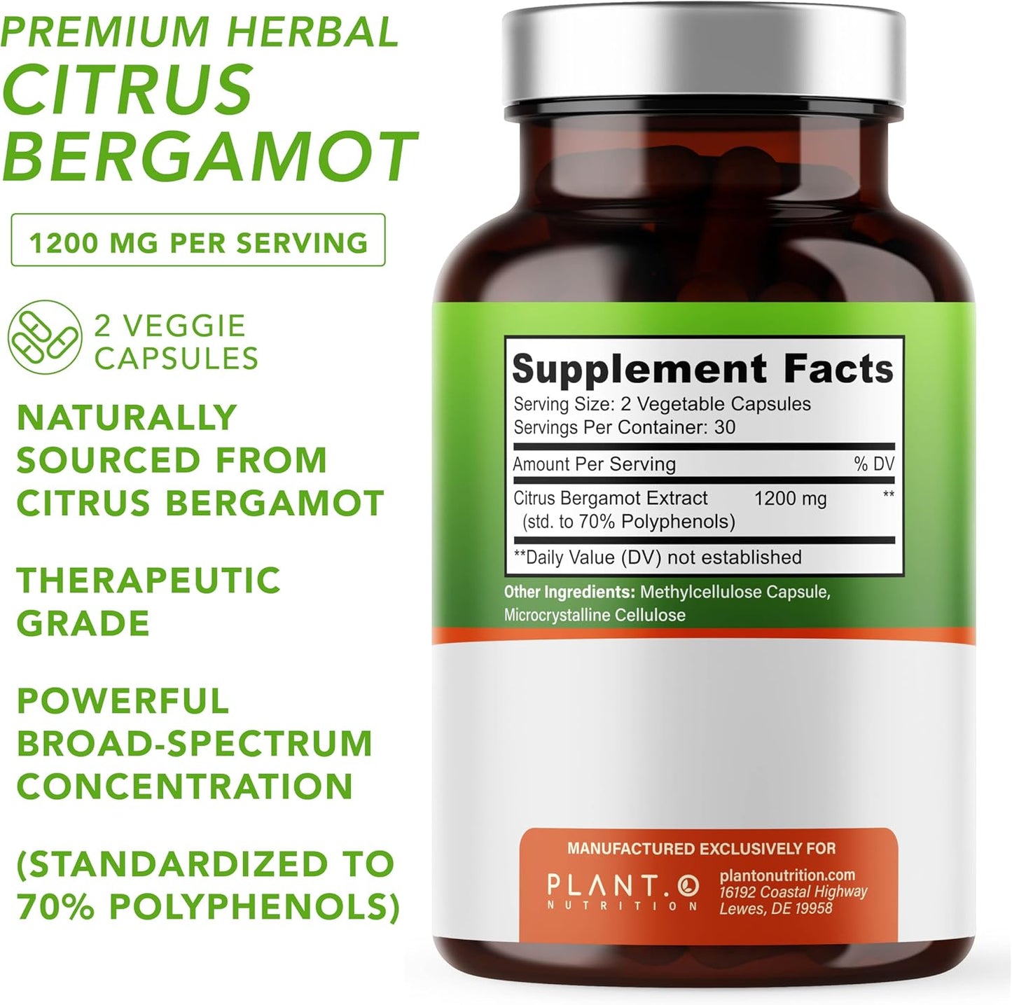 Citrus Bergamot Supplement 1200mg Highly Concentrated to 70% Polyphenols - Pure Bergamot Extract for Heart Health, Immunity, Antioxidant - 60 Veggie Capsules, Made in USA