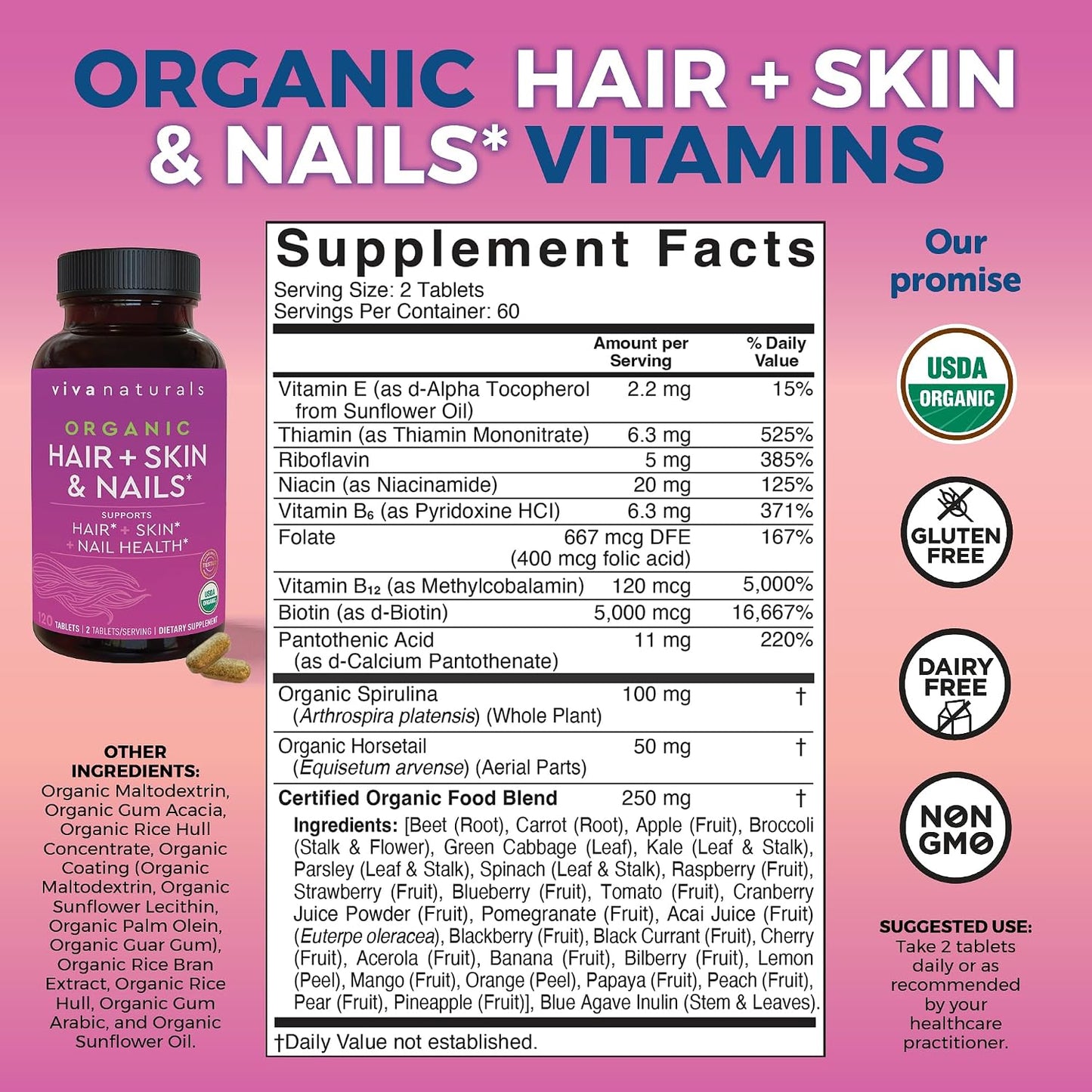 Biotin 5000 mcg Hair Skin Nails Vitamins for Women – Organic and Vegetarian-Friendly Supplement with Vitamin E, B-Vitamins, Spirulina, Horsetail and Superfood Blend to help Produce Keratin –120 Count