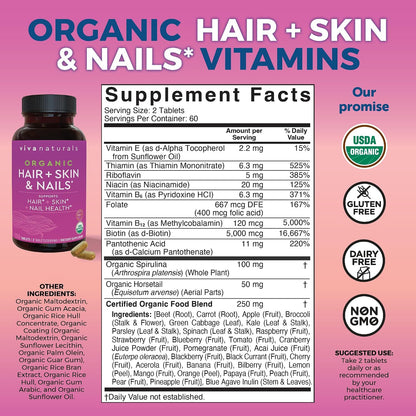 Biotin 5000 mcg Hair Skin Nails Vitamins for Women – Organic and Vegetarian-Friendly Supplement with Vitamin E, B-Vitamins, Spirulina, Horsetail and Superfood Blend to help Produce Keratin –120 Count