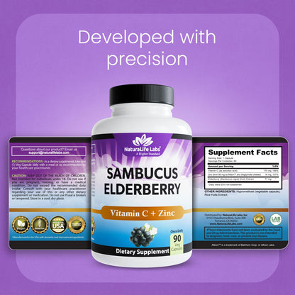 NaturaLife Labs Sambucus Elderberry Capsules – with Vitamin C & Zinc – Immune Support Supplement – 90 Vegan Capsules – Non-GMO & Gluten-Free
