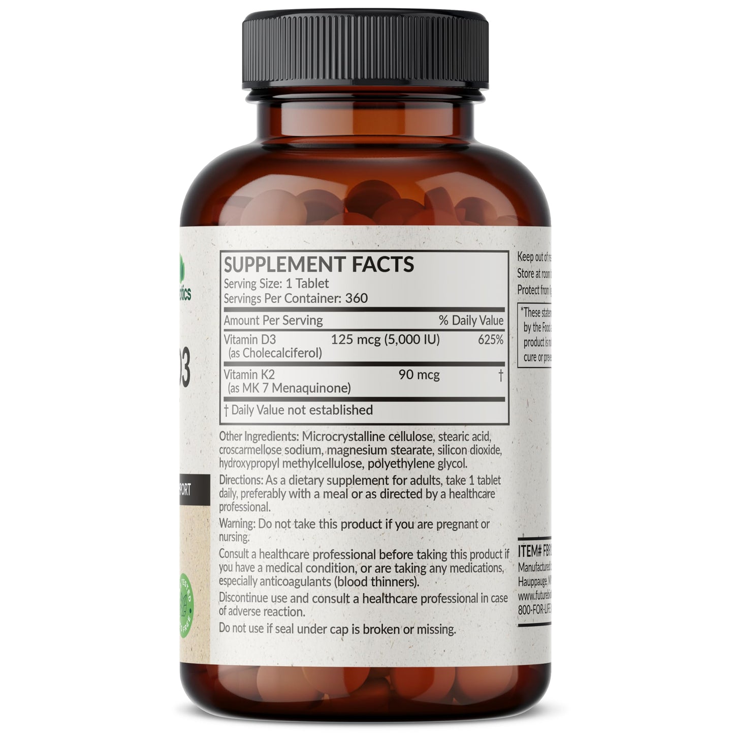 Futurebiotics Vitamin K2 with D3, 2 in 1 Support, 5000 IU Vitamin D3 & 90 mcg Vitamin K2 MK-7 Non-GMO, 120 Tablets