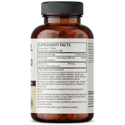 Futurebiotics Vitamin K2 with D3, 2 in 1 Support, 5000 IU Vitamin D3 & 90 mcg Vitamin K2 MK-7 Non-GMO, 120 Tablets