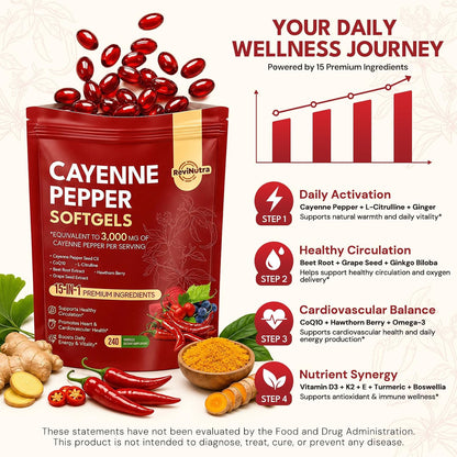 Cayenne Pepper Softgels, 15-in-1 Cayenne Pepper Capsules with Vitamin D3 + K2, L-Citrulline, Beet Root, CoQ10, Capsaicin supplements for Healthy Circulation, Energy, Heart Vessel Support, 240ct