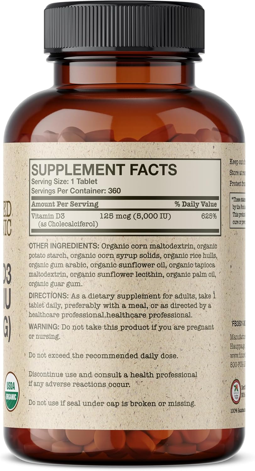 Futurebiotics Vitamin D3 5,000 IU (125 MCG), USDA Certified Organic Vitamin D Supplement, 360 Tablets