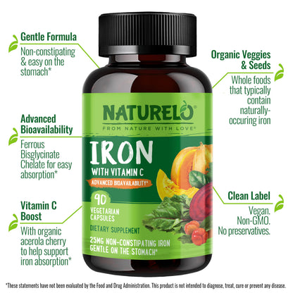 NATURELO Vegan Iron Supplement with Vitamin C and Organic Whole Foods - Gentle Iron Pills for Women & Men with Iron Deficiency Including Pregnancy, Anemia and Vegan Diets - 90 Mini Capsules