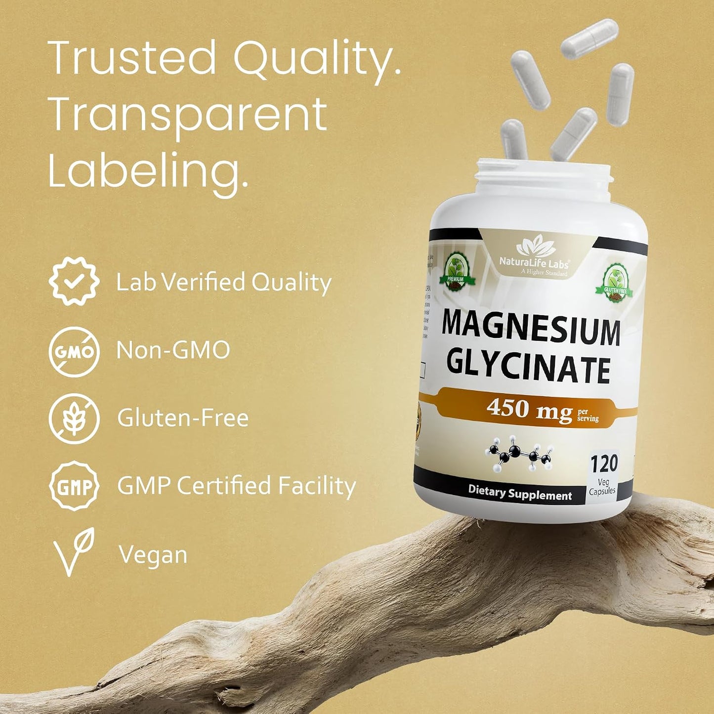 NaturaLife Labs Magnesium Glycinate - 450 mg per Serving – 120 Vegan Capsules - Non-GMO, Gluten-Free, Vegan