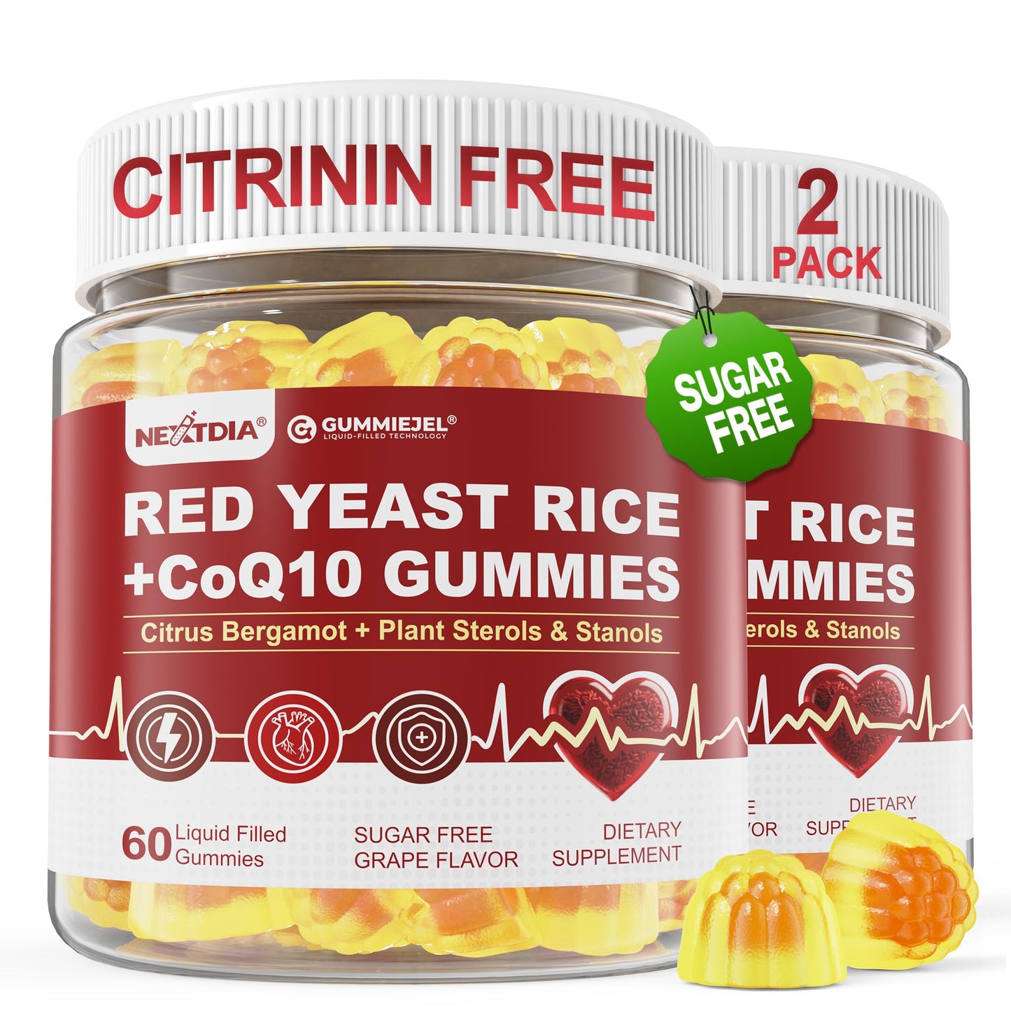 Red Yeast Rice Gummies 2400MG with CoQ10, Suagr Free Balanced Chṏlesterṏl Supplements Plus Citrus Bergamot, Plant Sterols & Stanols Supports Vḁsculḁr Health, Energy, Immunity for Age 50+,Vegan,60 Cts