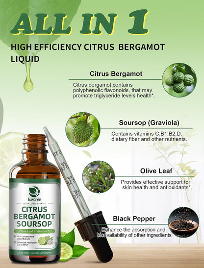 Citrus Bergamot + Soursop Liquid Drops for Cholesterol, Heart & Digestive* | Natural Herbal Supplement with Olive Leaf, Vitamin C, Black Pepper, Vegan, Sugar free, 2 Fl Oz, 30 Days Supply
