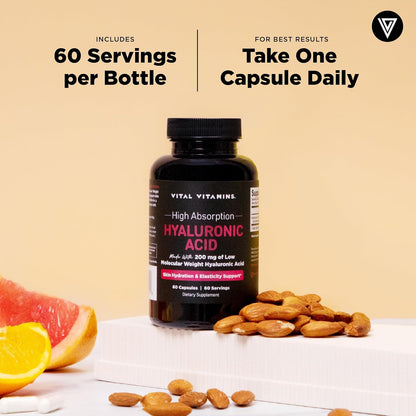 Vital Vitamins Hyaluronic Acid Supplements, 60 Capsules | 200mg Low Molecular Weight HA, Supports Skin Hydration, Elasticity & Joint Comfort, Vegan & Non-GMO