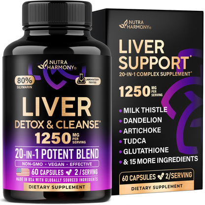 Liver Cleanse & Detox 1250 mg - Milk Thistle 80 % Silymarin | Dandelion | Artichoke | TUDCA | Glutathione & NAC - Liver Health & Bile Production Support - Lab Tested, Vegan - Made in USA - 60 Capsules