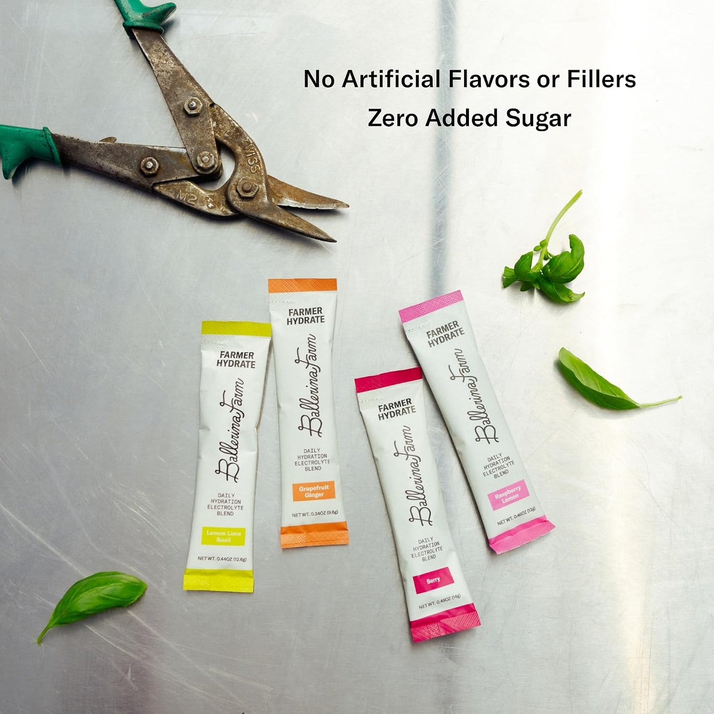 Ballerina Farm Farmer Hydrate Variety Pack, 4 Flavor Electrolyte Packets | Includes Berry, Raspberry Lemonade, Grapefruit Ginger, and Lemon Lime Basil, No Added Sugar, 18 Count