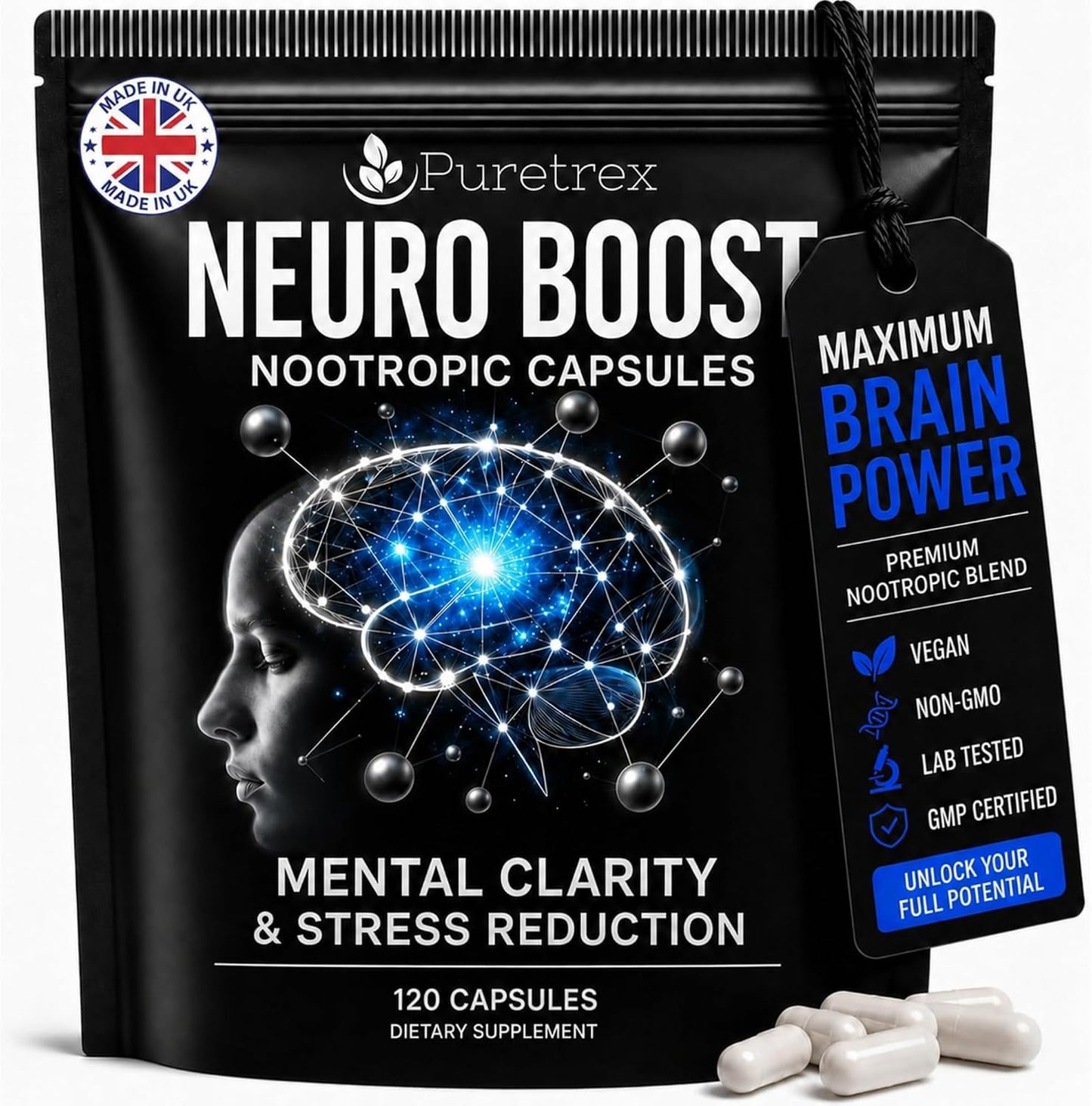 Neuro Boost Nootropic Capsules - Lions Mane, Bacopa, Alpha GPC, L-Theanine, Ashwagandha, Ginkgo Biloba Supplement for Mental Clarity, Focus, 120 Vegan Caps, Made in UK