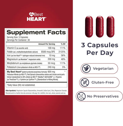 MyBestHeart Blood Pressure Support Supplement for Men & Women - 90 Capsules | Full Results in 60-90 Days - 8 US Patents - Cardiologist Developed - Red Spinach, Potassium Nitrates, Iron & Nitric Oxide