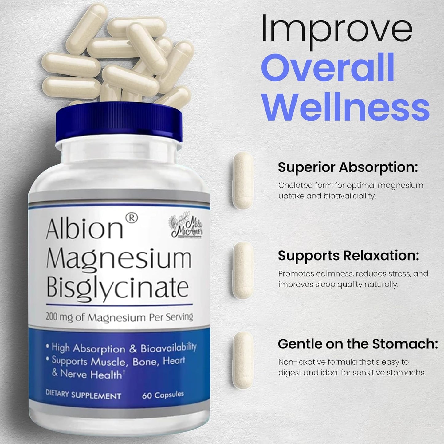 MilaMiAmor Albion® Magnesium Bisglycinate – Highly Absorbable Chelated Magnesium for Muscle, Nerve, Relaxation & Sleep Support – Gentle on Stomach, Vegan – 200mg per Serving, 60 Capsules