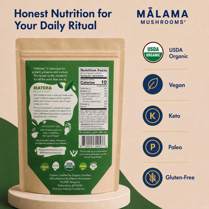 Malama Ceremonial Grade Matcha Powder - Premium Japanese Matcha Green Tea Powder with Organic Lion’s Mane Extract - Organic, Gluten-Free, Vegan, & Unsweetened (2.1 oz) for Energy & Focus