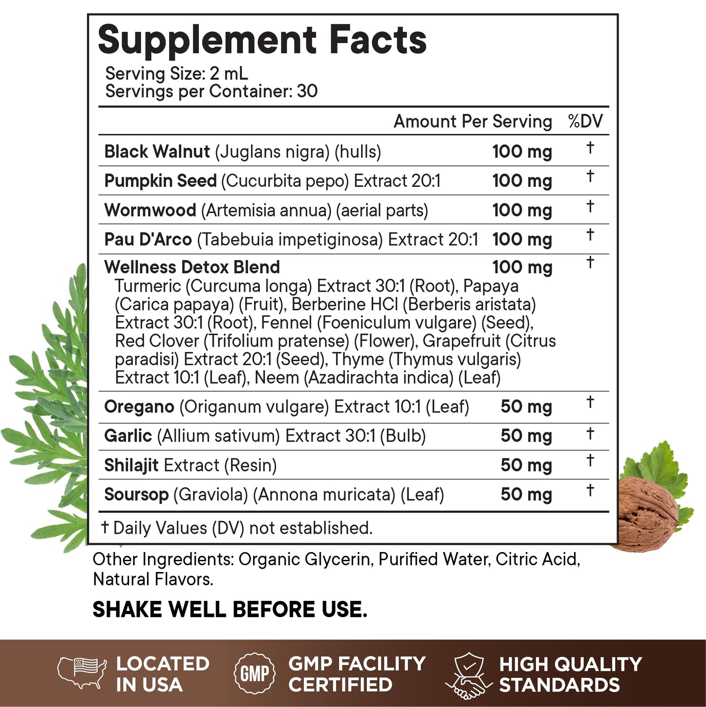 Wormwood Black Walnut Cleanse for Humans Drops Liquid Soursop Garlic Pumpkin Seed PAU D'Arco Oil of Oregano Turmeric Berberine Neem Extract Hull Bark Tincture - 4 oz