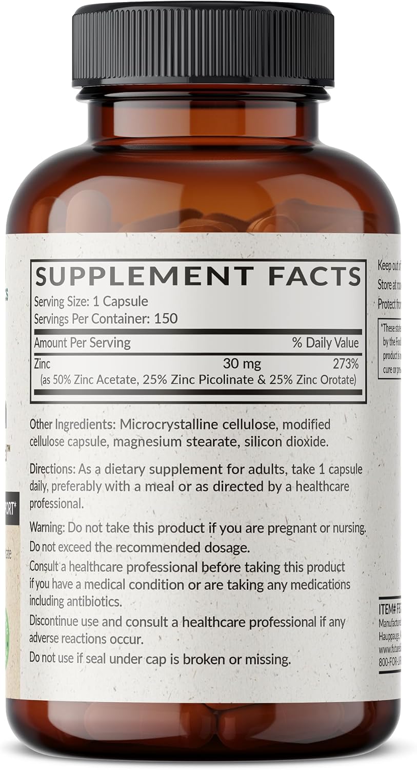 Futurebiotics Zinc Triple Action 30mg Key Nutrient Blend Immune Support Supplement with Zinc Acetate, Picolinate & Orotate - Immune, Antioxidant & Skin Health Support - 150 Vegetarian Capsules