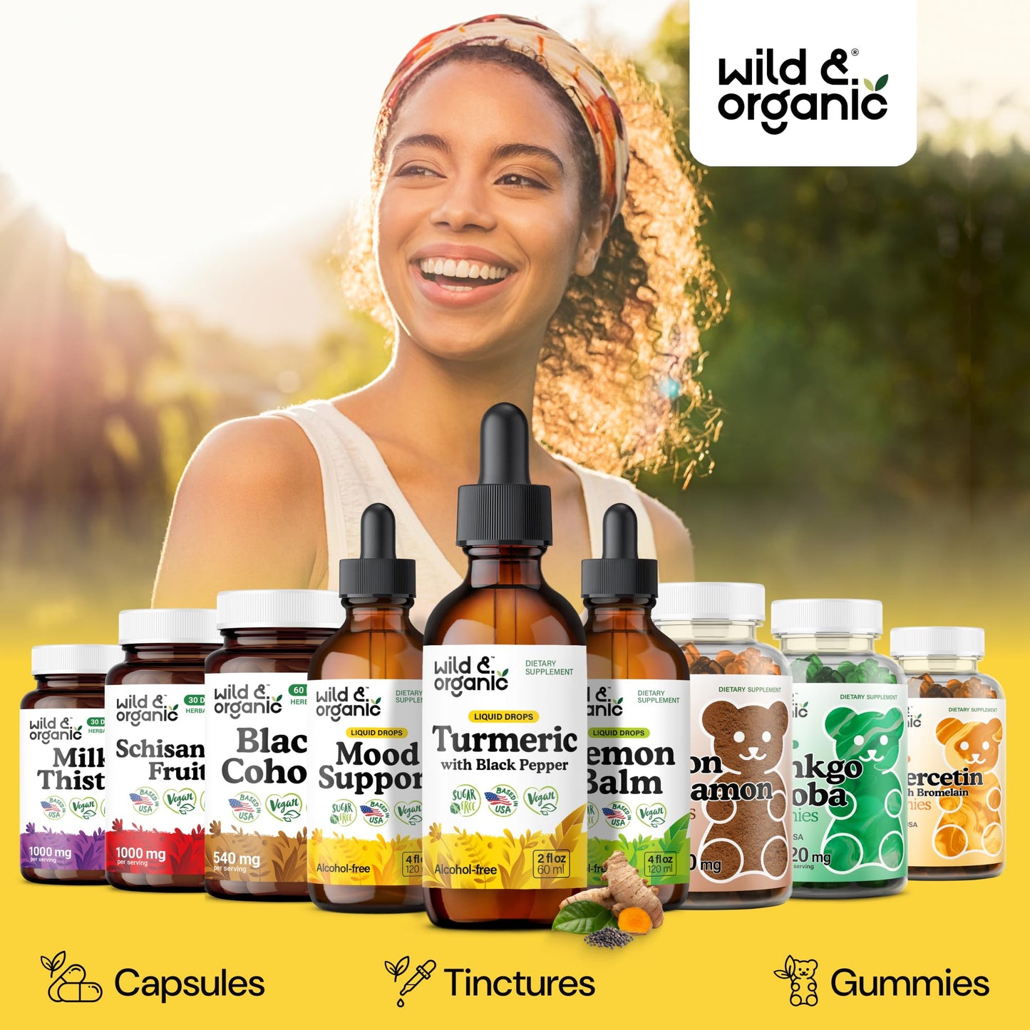 Wild & Organic Turmeric Supplement Liquid Drops - Movement & Immune Support - Liquid Turmeric with Black Pepper Extract - Add to Tea Tincture - Curcumin Supplements - Sugar & Alcohol-Free - 4 fl oz