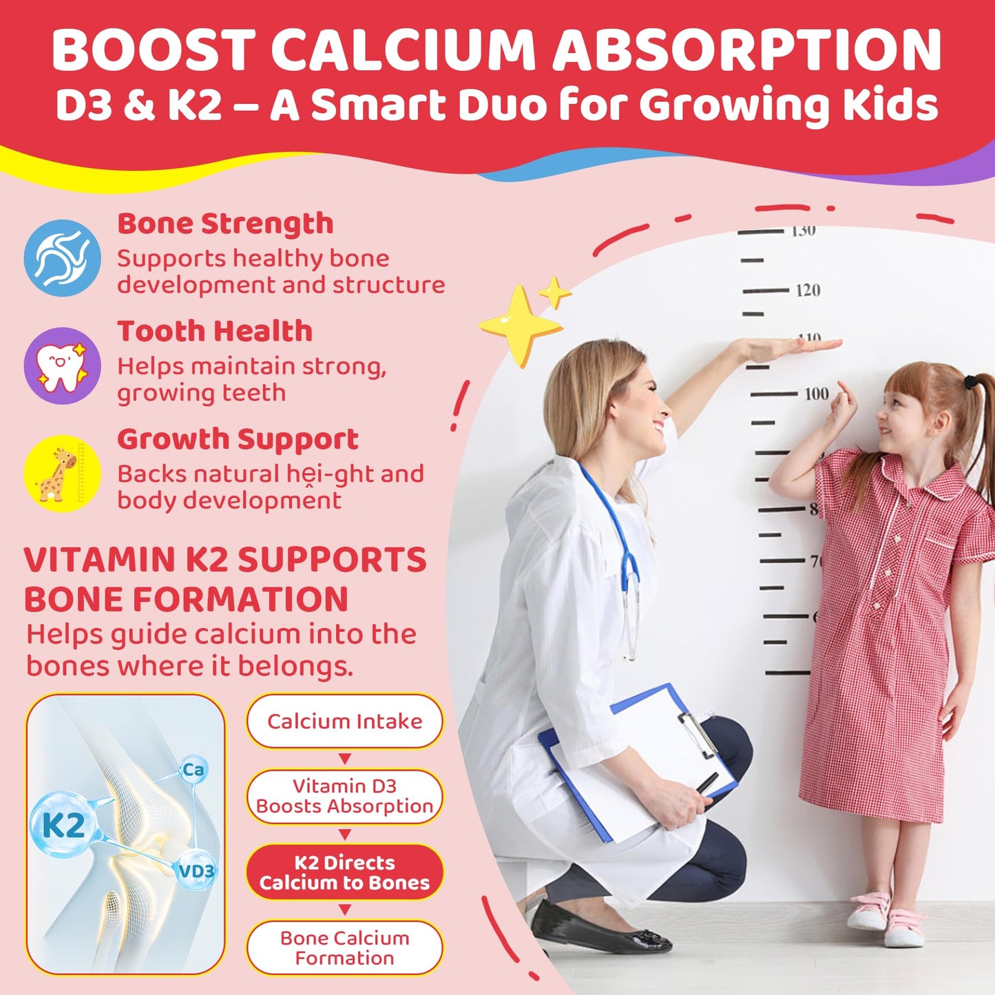 Vitamin D3 K2 + Calcium Liquid-filled Gummies for Kids & Teens, 1000IU / 2000IU D3 with Magnesium, Algal Omega 3, Kids Vitamins for Bones & Teeth, Calcium Absorption, Brain, Immune, Sugar-Free, 60Cts