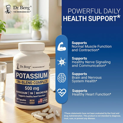 Dr. Berg Potassium Tri-Blend Complex – 500 mg Potassium Supplement for Muscle & Nerve Support* – Maximum Strength Potassium Formula w/Magnesium, B6 & Taurine – 90 Capsules