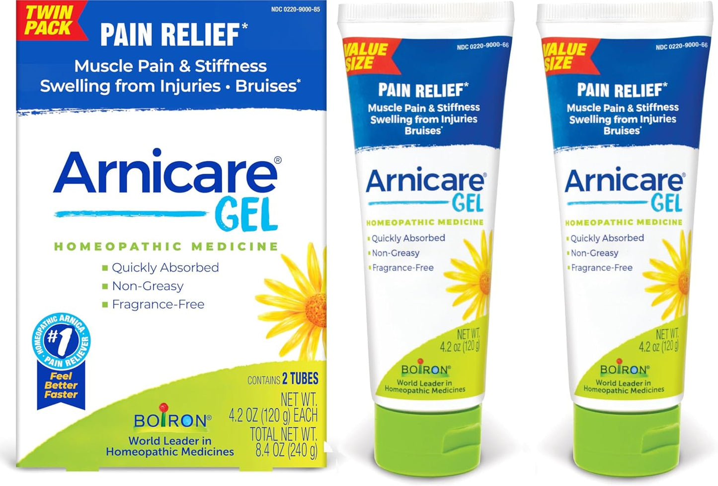 Boiron Arnicare Gel 4.2 oz (Twin Pack) for Joint Pain Relief, Muscle Pain, Muscle Soreness, and Swelling from Bruises or Injury - Non-Greasy and Fragrance-Free Arnica