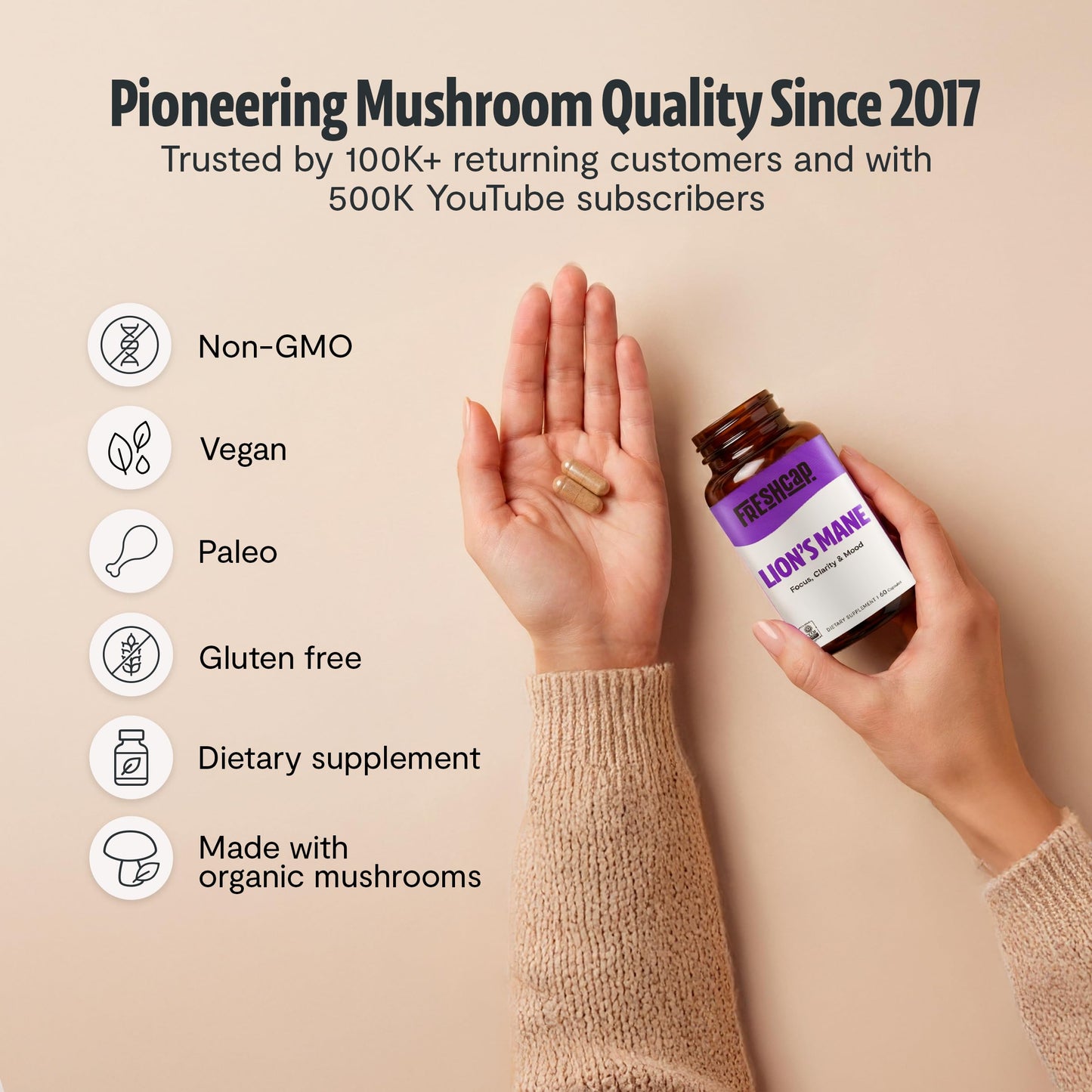 FreshCap Mushrooms Premium Organic Lions Mane Capsules - 14:1 Fruiting Body Extract with 31% Beta-Glucans - 3rd-Party Tested Nootropic for Clarity, Focus & Cognitive Support (120 Capsules)