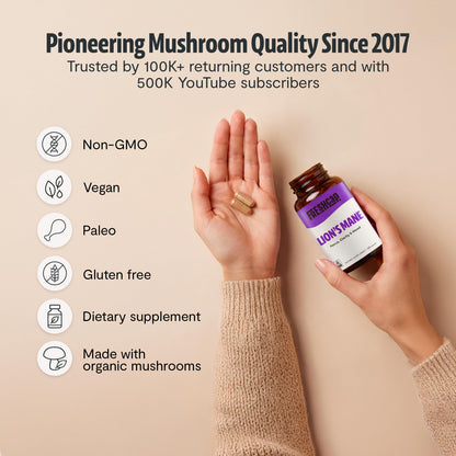 FreshCap Mushrooms Premium Organic Lions Mane Capsules - 14:1 Fruiting Body Extract with 31% Beta-Glucans - 3rd-Party Tested Nootropic for Clarity, Focus & Cognitive Support (120 Capsules)