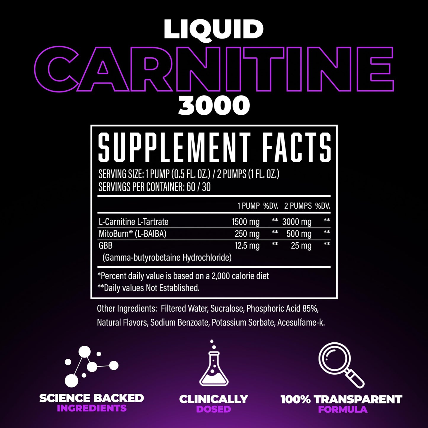 Huge Supplements Liquid L-Carnitine 3000, Superior Potency Infused with 500mg MitoBurn & 25mg GBB, Premium Stim-Free & Energy Boost, Convenient Pump Top, 32 Oz (60 Servings)